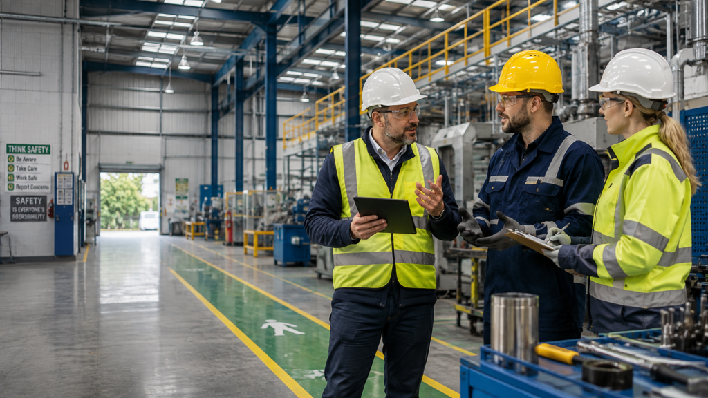 Behavioural safety training session with a UK safety consultant discussing workplace safety practices with industrial workers in a modern manufacturing facility.