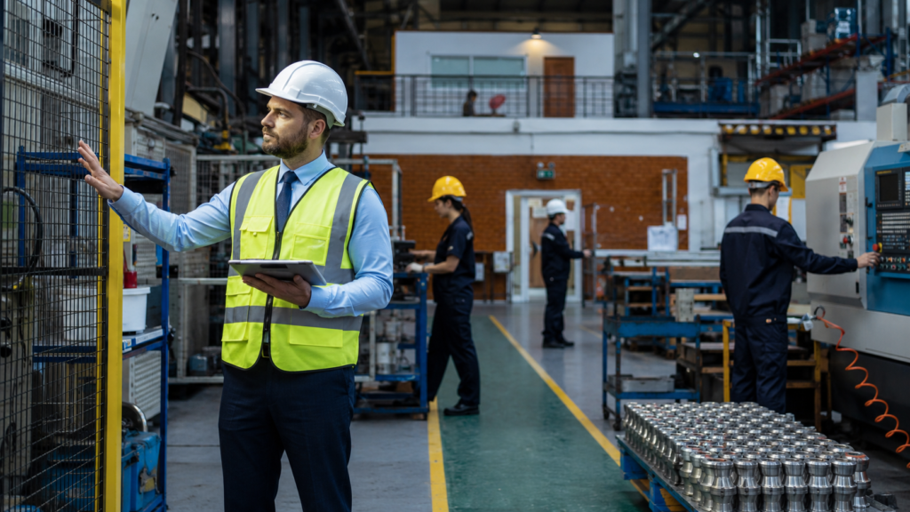 UK health and safety consultant conducting a workplace risk assessment in an industrial facility, identifying hazards and reviewing safety controls with employees.