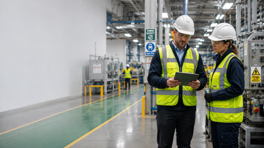 Occupational health and safety consultant conducting a workplace compliance inspection in a modern UK industrial facility.
