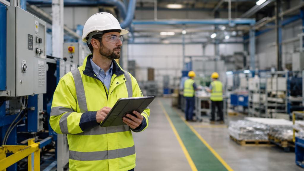 UK health and safety consultant conducting a workplace risk assessment in a modern industrial facility using a tablet.