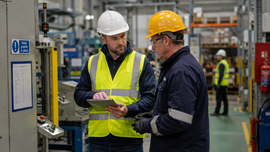 UK health and safety consultant conducting a safety compliance audit with a site manager in a manufacturing workplace.