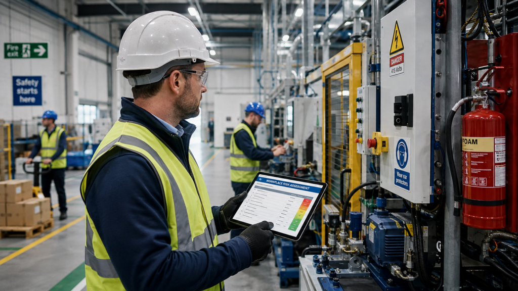 UK workplace risk assessment consultant conducting an on-site health and safety inspection